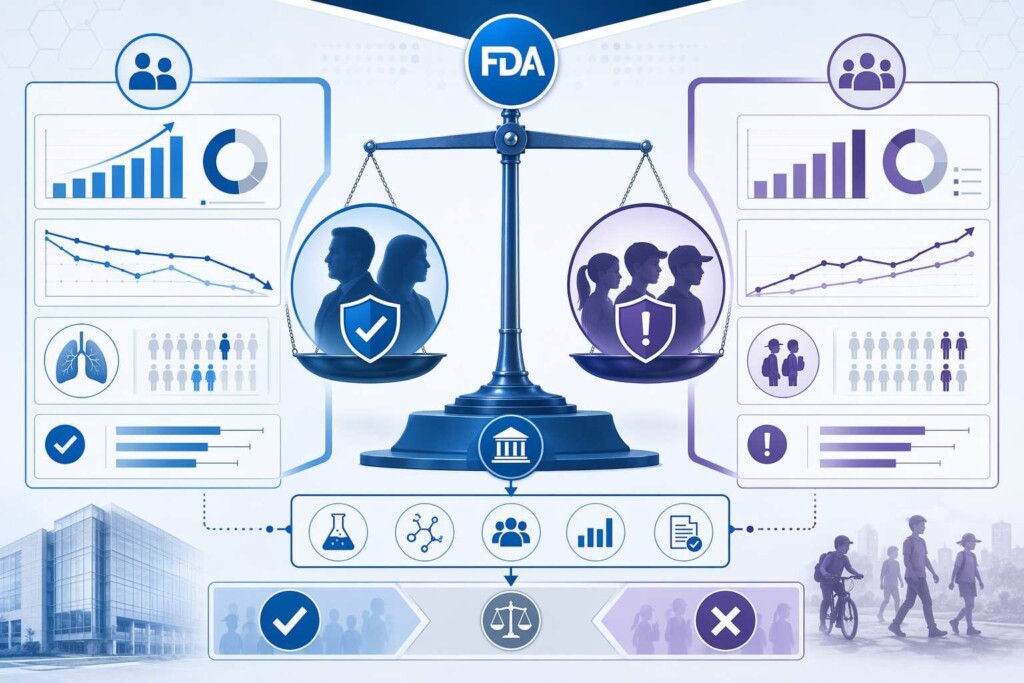 A visualization of the FDA's 2026 draft guidance benefit-risk analytical framework for flavored ENDS PMTA applications — showing the two-sided assessment balancing documented benefit to adult cigarette smokers against the quantified risk of initiating non-smoking youth, with the evidentiary standards that differentiate tobacco/menthol from characterizing flavor applications.
