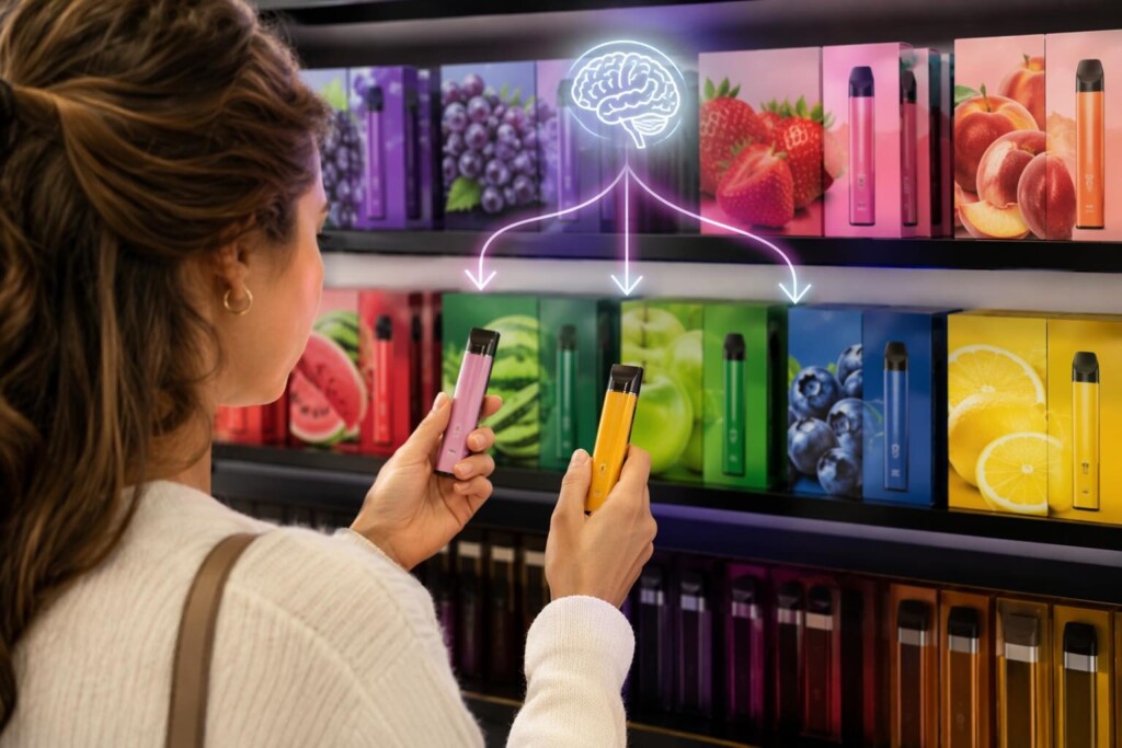 A consumer psychology visualization showing the health halo cognitive bias in action during fruit-flavored vaping product selection, illustrating how color, flavor cues, and packaging trigger reduced perceived risk in consumer decision-making.