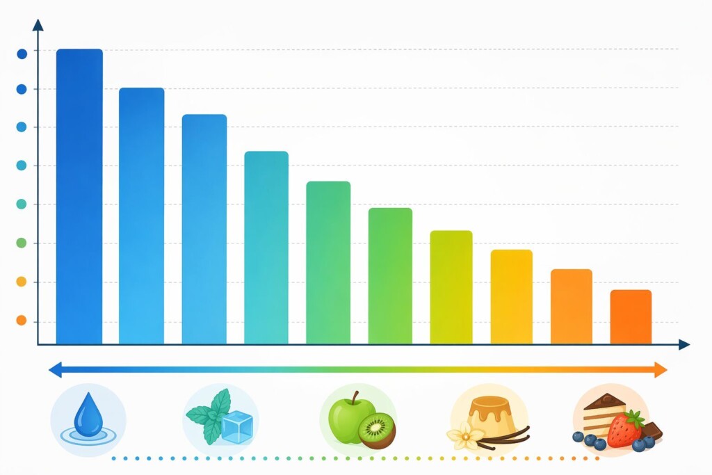 A comparative visualization of e-liquid flavor complexity versus coil lifespan across flavor categories — from clean tobacco/menthol profiles with maximum hardware longevity to complex dessert formulations with high sweetener loading and reduced coil life.