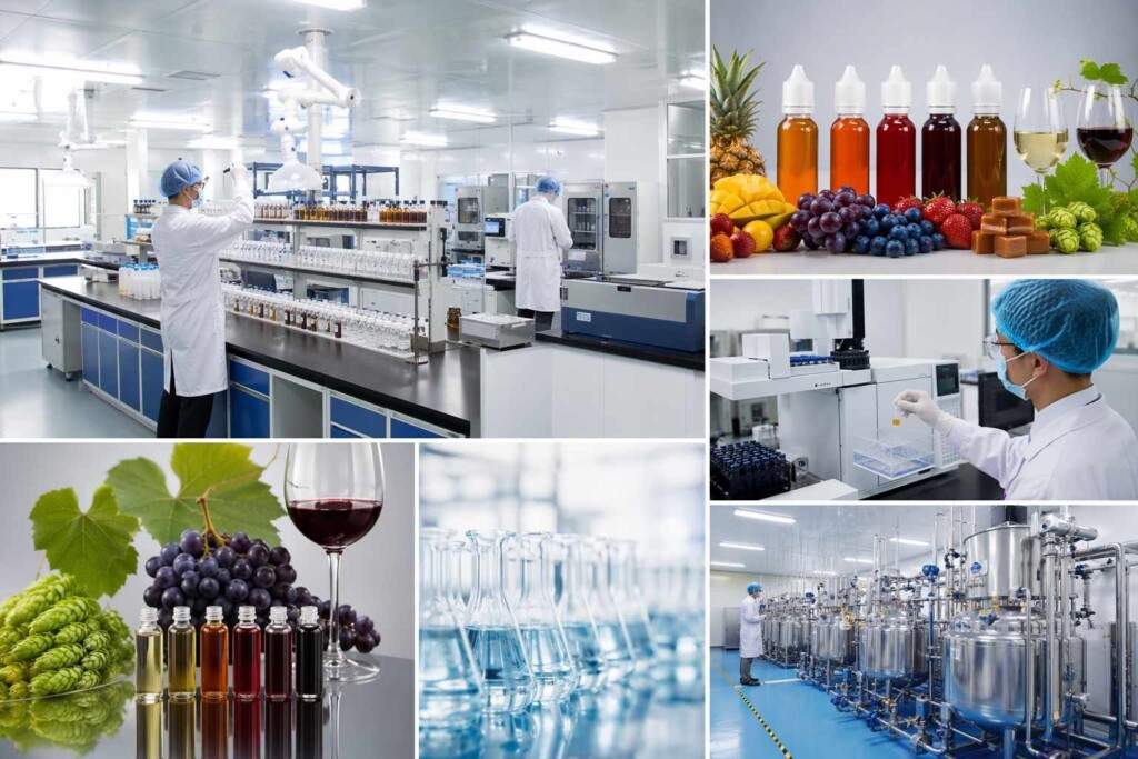 Cuiguai Flavor's GMP-certified laboratory developing premium beverage-pairing e-liquid flavor concentrates — authentic tropical fruit, dark berry, citrus, vanilla, and tobacco profiles specifically formulated for the craft beer and wine pairing market, with ISO22000 certification and full FIDO documentation.