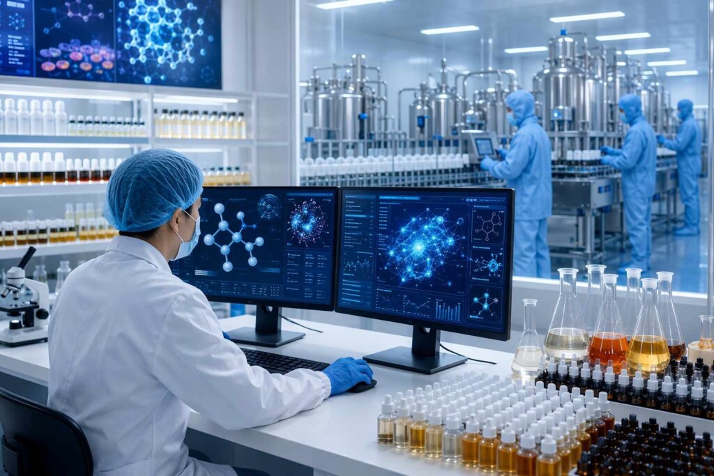 Cuiguai Flavor's ISO22000-certified GMP facility integrating AI-assisted flavor development tools with expert human formulation knowledge — delivering innovative e-liquid flavor combinations with full regulatory documentation for global B2B customers.