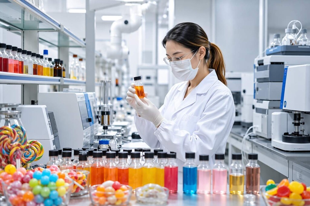 Cuiguai Flavor's GMP-certified manufacturing facility producing ISO22000-certified nostalgic candy e-liquid flavor concentrates — bubblegum, cotton candy, gummy, cola, lollipop — developed with reference-matching formulation methodology and full regulatory documentation for global B2B customers.