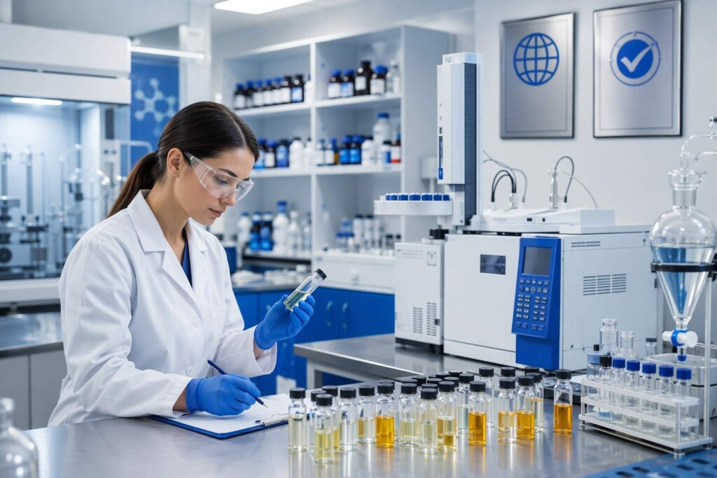 Cuiguai Flavor's GMP-certified laboratory conducting diacetyl-free safety verification and GC-MS analysis for e-liquid grade fruit flavor concentrates — supporting brand customers in regulated and emerging global vaping markets.