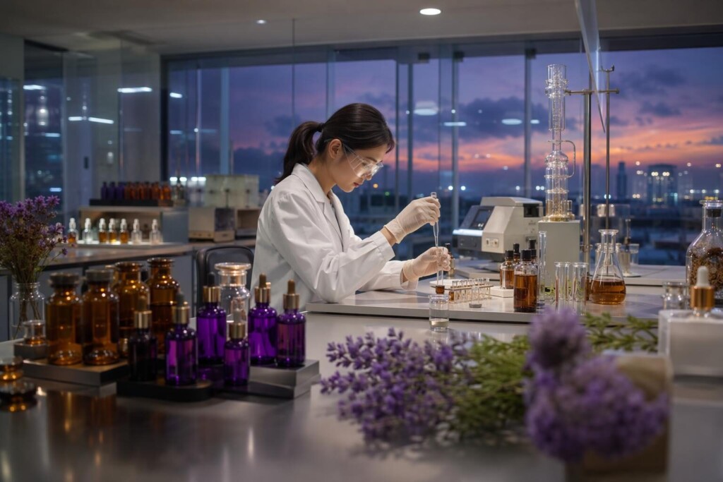 Cuiguai Flavor's GMP-certified manufacturing facility developing premium evening relaxation e-liquid flavor concentrates — lavender-vanilla botanicals, vanilla cream, warm berry, ripe peach, and caramel profiles — with ISO22000 certification, thermal stability validation, and zero-nicotine compatible formulations for global B2B customers.