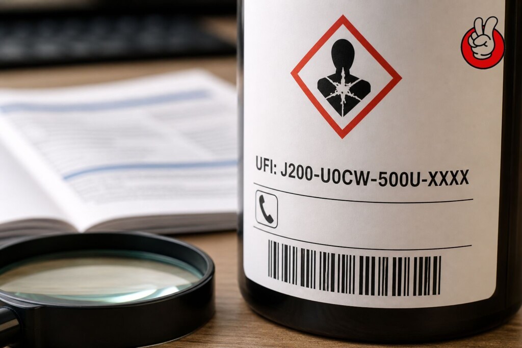 Close-up of an EU e-liquid label showing the UFI printed in four hyphenated blocks with the UFI: prefix, reviewed in the CUIGUAI Flavor compliance lab.