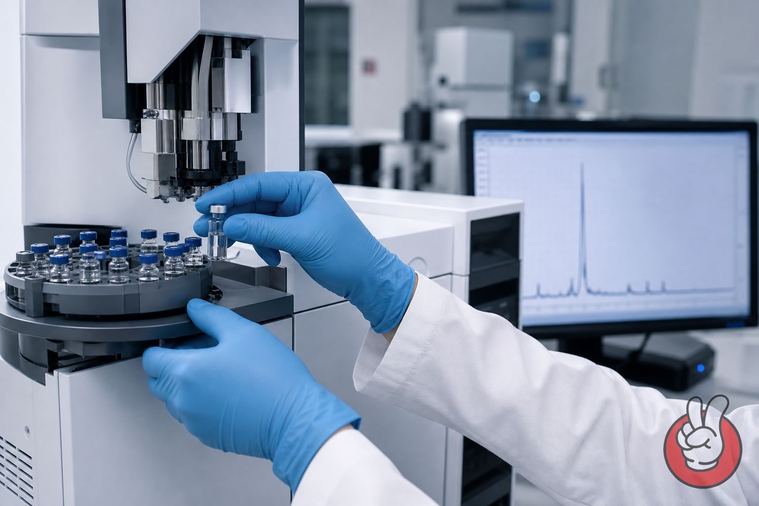 A scientist loads sample vials into a GC-MS autosampler for diketone analysis — the standard instrumentation used to quantify 2,3-pentanedione alongside diacetyl and acetoin in flavor concentrates and e-liquids.