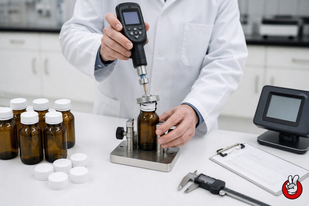 Torque application, torque retention, child-panel testing, and senior-adult protocols define whether a closure is compliant — and whether it stays compliant with flavored liquids.