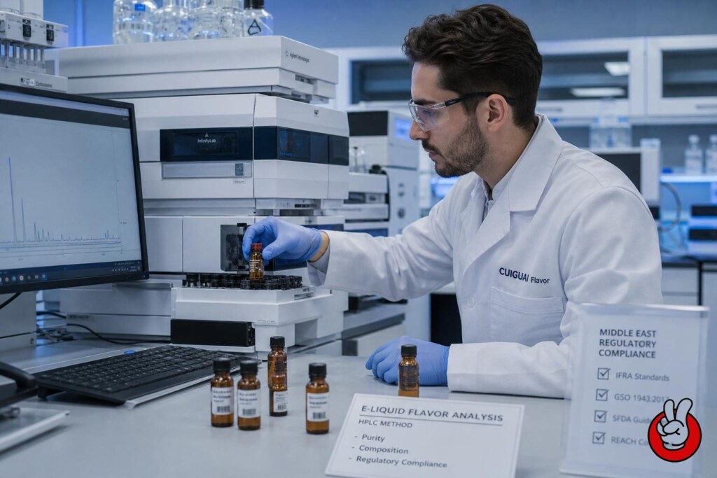A food scientist analyzing e-liquid flavor compounds using an HPLC machine to ensure compliance with Middle East UAE requirements.