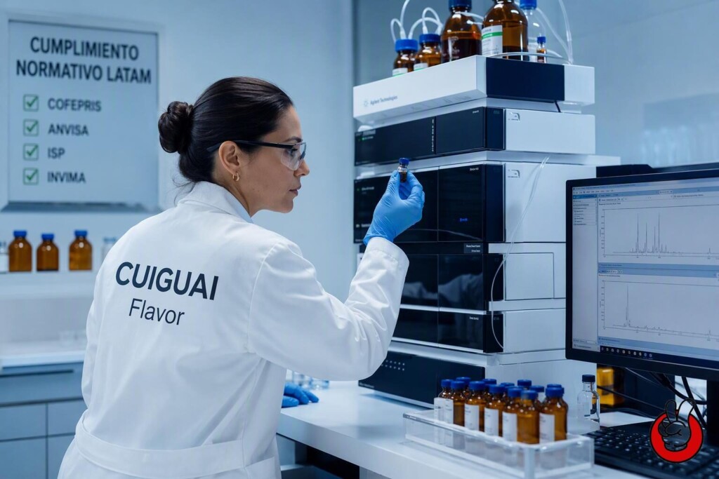 A food scientist analyzing e-liquid flavor compounds using an HPLC machine to ensure compliance with strict LATAM regulations and ANVISA chemical standards.