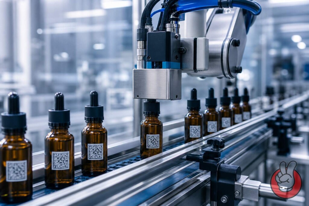 高速工业打印机将独特的数据矩阵代码应用到洁净室传送带上的电子烟液调味瓶上——这是每个运往俄罗斯的电子烟产品在清关前必须通过的序列化步骤。