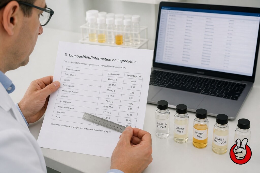 Examen de la documentation comparant la liste des ingrédients de la section 3 d'une FDS d'arôme avec un certificat d'analyse du laboratoire de contrôle qualité des arômes CUIGUAI.