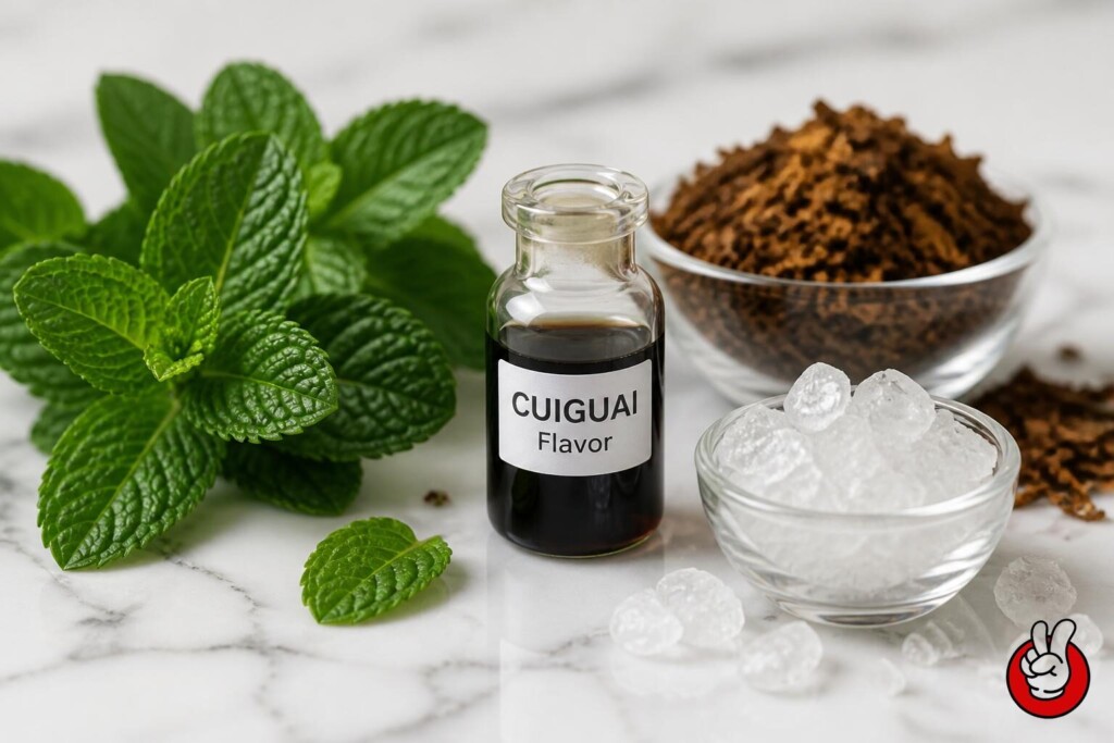Macro photography of raw e-liquid flavor ingredients including fresh mint, pure menthol crystals, and tobacco extracts, tailored for Australian TGA pharmacy standards.
