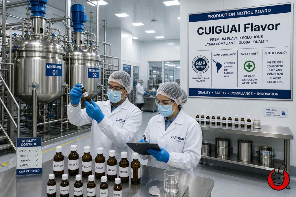 Modern GMP certified e-liquid flavor manufacturing facility equipped with stainless steel mixing tanks, producing compliant flavors for the LATAM market.