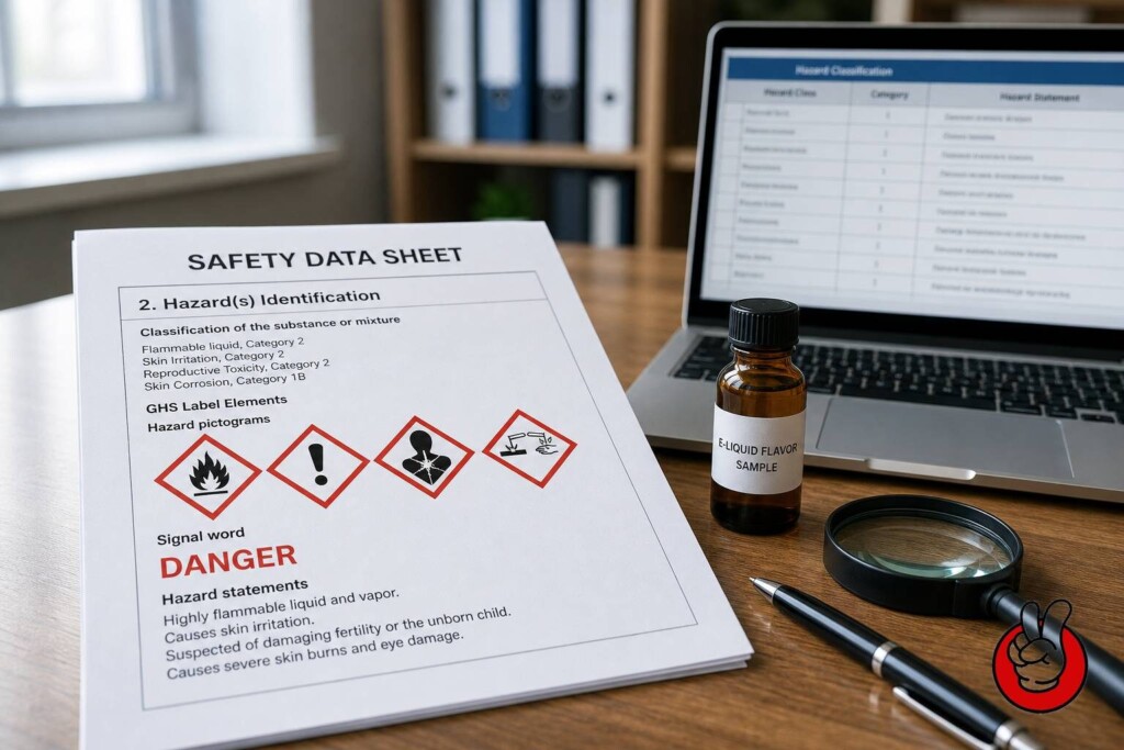 CUIGUAI Flavor compliance specialist reviewing a GHS 16-section safety data sheet for a vape flavor concentrate before shipment to an e-liquid brand.