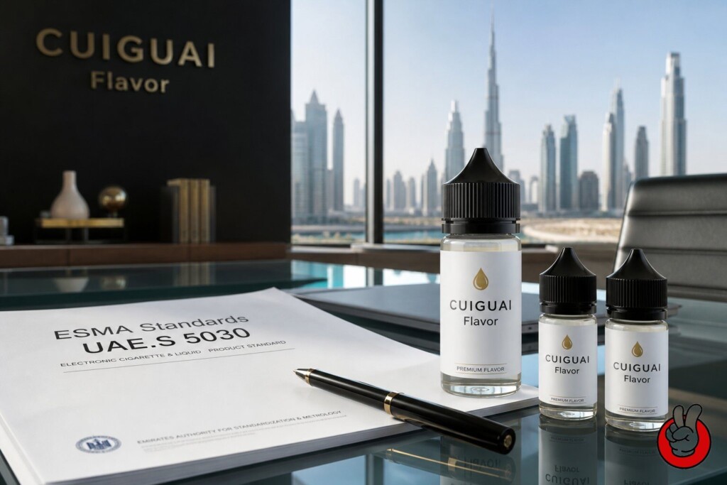 Modern desk with a document detailing ESMA standards UAE.S 5030 for e-liquid compliance in the Middle East market.
