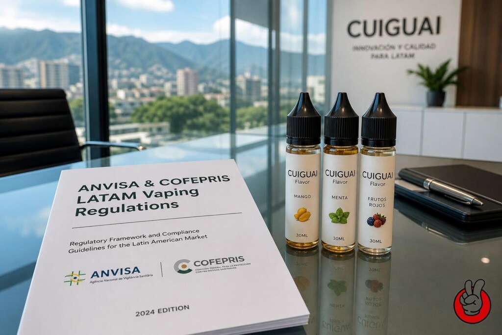 A modern office desk featuring documents on ANVISA and COFEPRIS LATAM vaping regulations alongside premium CUIGUAI Flavor e-liquid bottles.