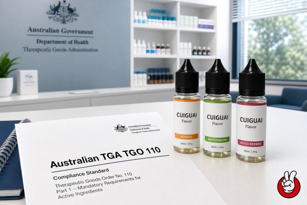 A modern clinical desk featuring documents on the Australian TGA TGO 110 regulations alongside premium CUIGUAI Flavor e-liquid bottles.