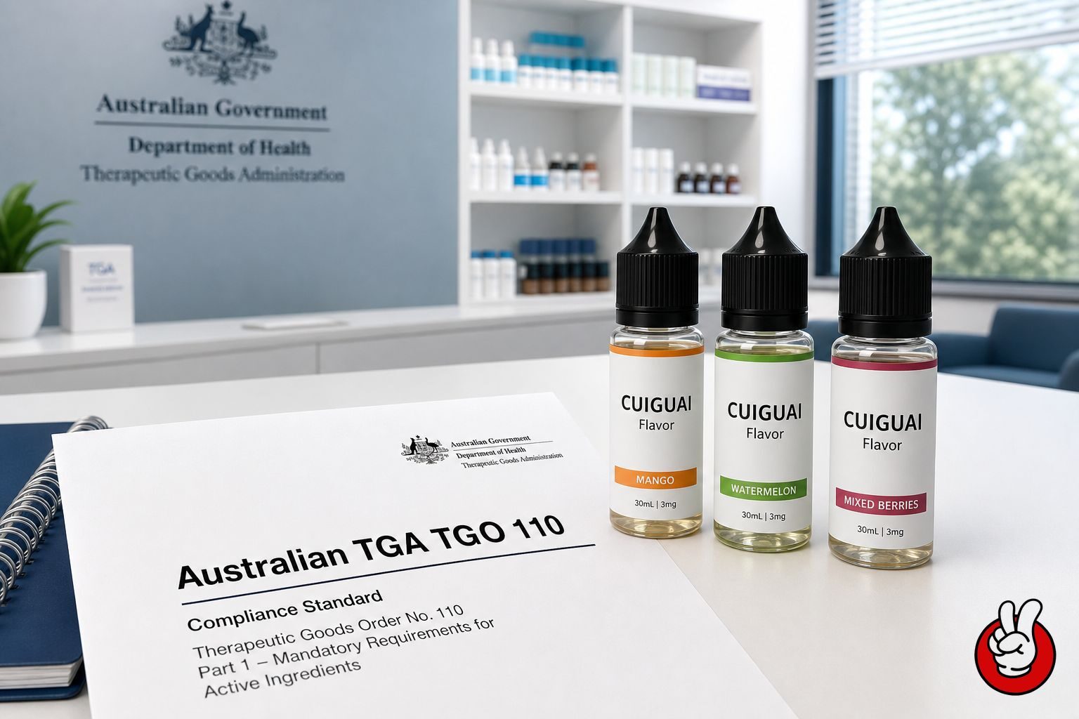 A modern clinical desk featuring documents on the Australian TGA TGO 110 regulations alongside premium CUIGUAI Flavor e-liquid bottles.