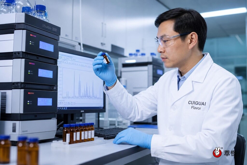 A professional food scientist at CUIGUAI Flavor analyzes e-liquid flavor compounds using advanced HPLC equipment to ensure strict compliance with Canadian TVPA regulations and ingredient restrictions.