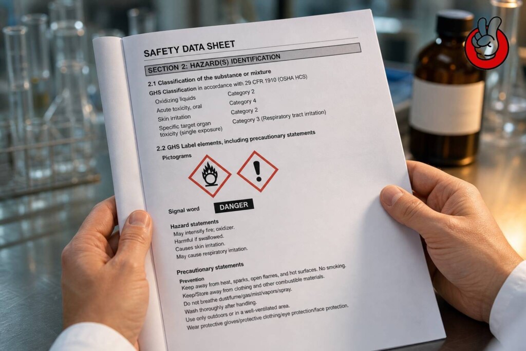 Close-up of the Section 2 hazard identification panel of a flavor SDS showing the DANGER signal word, GHS pictograms, and H/P-codes for an e-liquid flavor concentrate.