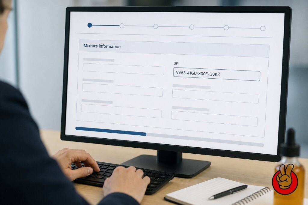 Compliance specialist preparing a poison centre notification dossier with composition bands and the UFI registry in the CUIGUAI Flavor laboratory.
