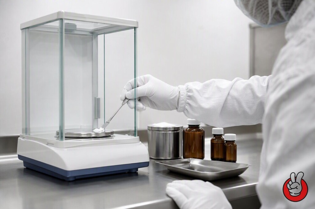 Calibrated balances in a humidity-controlled cleanroom ensure that every flavor raw material is dosed accurately and recorded against its inbound lot number.