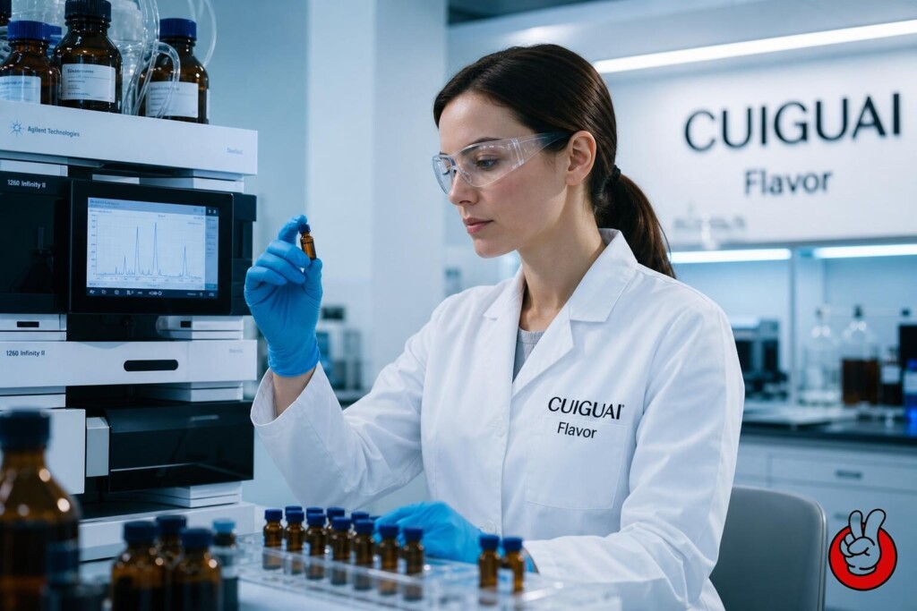 A food scientist analyzing pharmaceutical-grade e-liquid flavor compounds using an HPLC machine to ensure compliance with Australian TGA clinical standards.