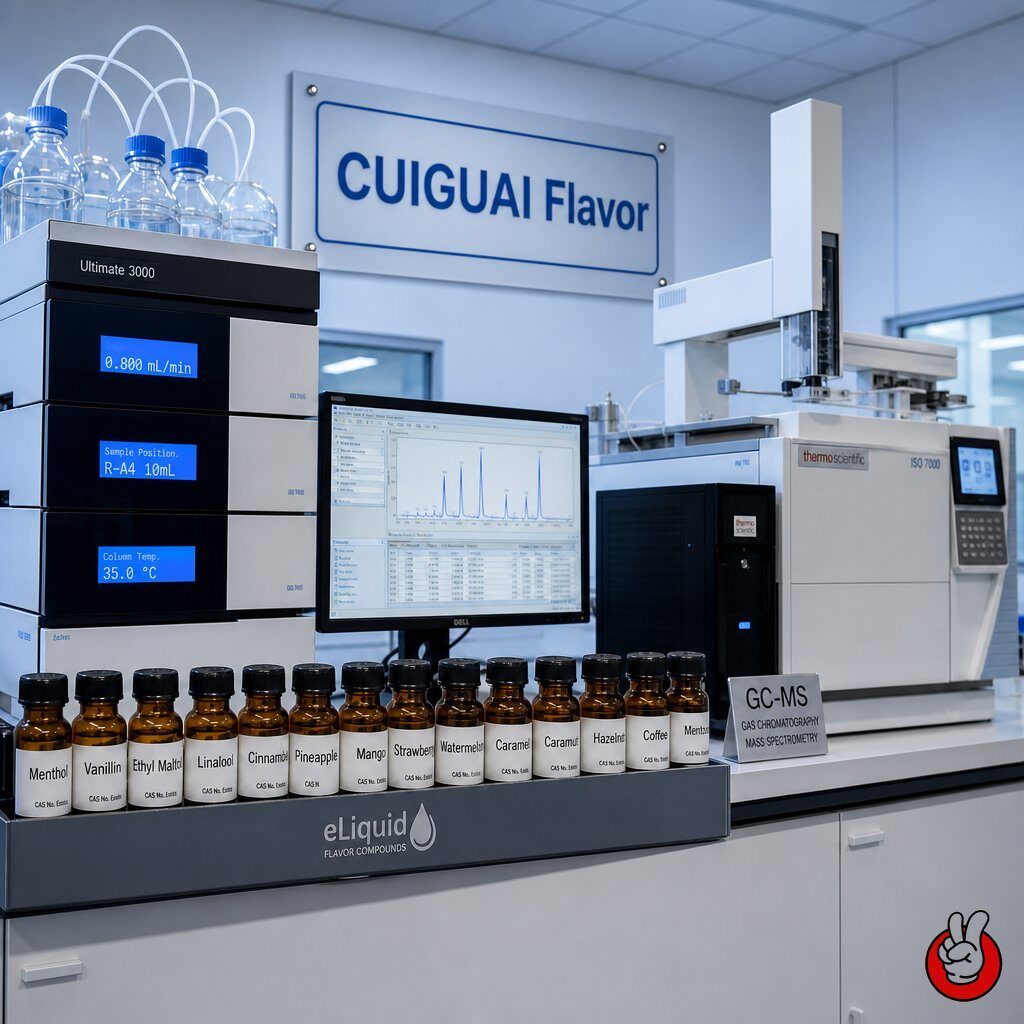 High-performance analytical chemistry laboratory utilizing GC-MS and HPLC equipment to characterize e-liquid flavor compounds and UVCBs to meet stringent European Chemicals Agency (ECHA) REACH registration requirements.