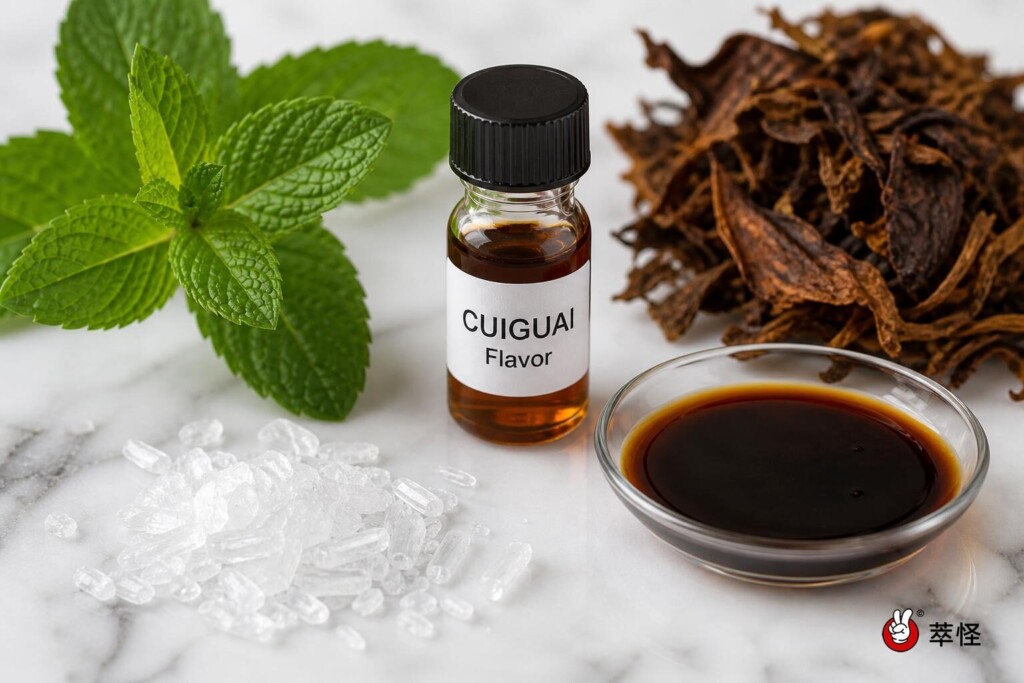 Macro view of premium e-liquid raw materials—including fresh mint leaves, menthol crystals, and rich tobacco absolute—formulated for markets with strict flavor restrictions, featuring a CUIGUAI Flavor vial.