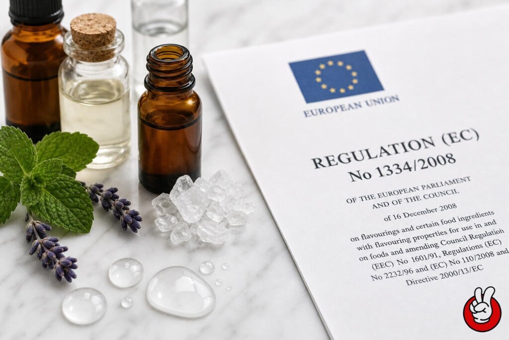 Macro view of premium e-liquid raw materials including pure botanical extracts alongside European Union REACH regulatory documents, illustrating the intersection of flavor chemistry and strict international compliance standards.