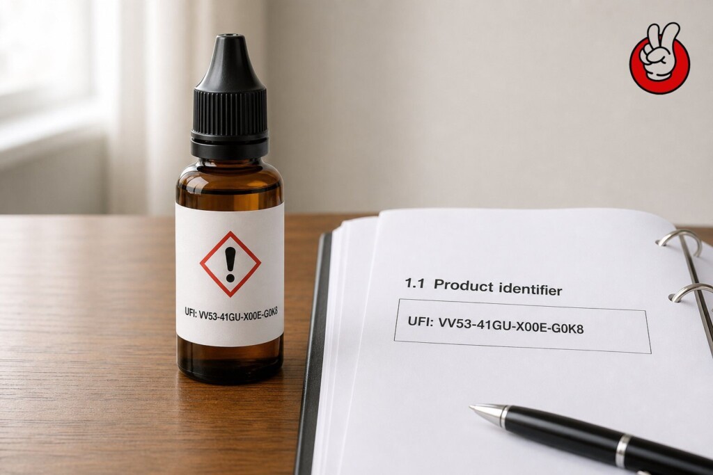 Quality team reviewing a UFI registry that maps formulation numbers to UFI codes for an e-liquid flavor portfolio before EU shipment.