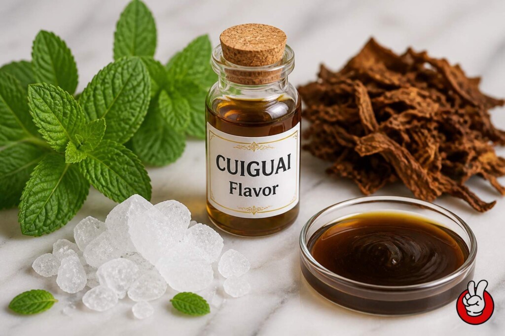 Macro photography of raw e-liquid flavor ingredients including mint, menthol crystals, and tobacco absolute for Middle East compliant formulations.