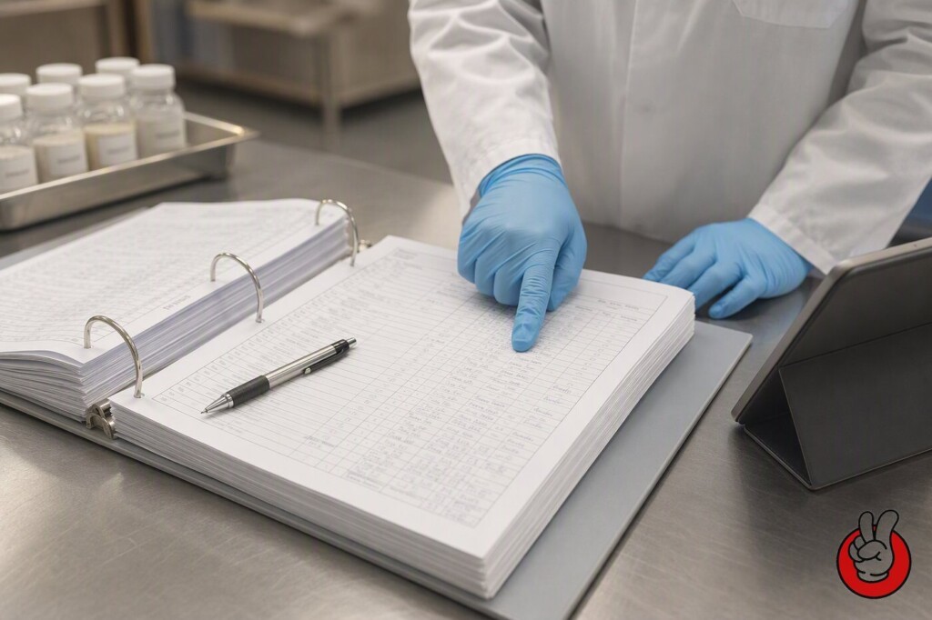 Quality supervisors review completed batch records, calibration data, and in-process results before releasing each flavor batch for shipment.