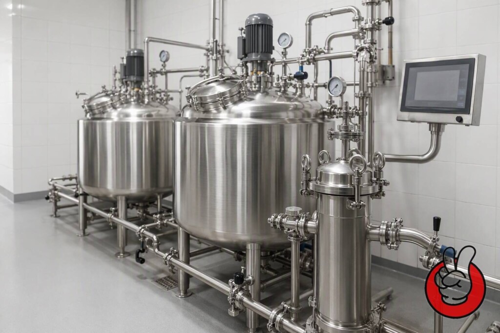 Stainless steel blending tanks with validated inline filtration protect flavor concentrates against foreign body contamination at a controlled point.