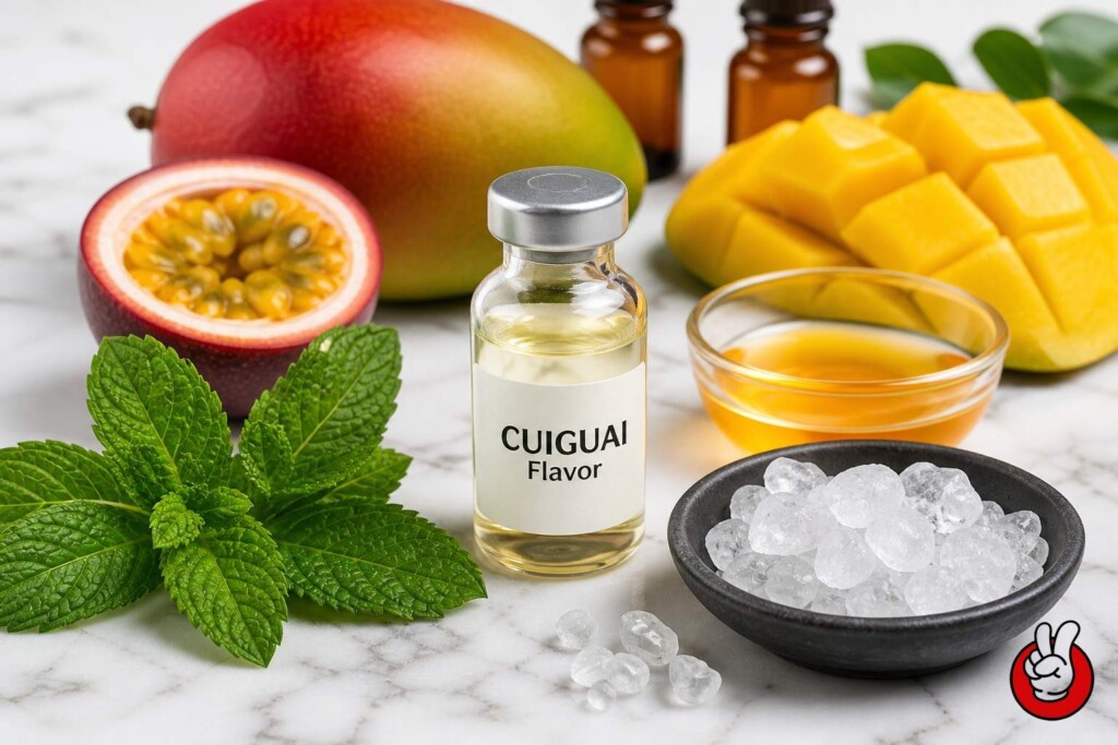 Macro photography of raw e-liquid flavor ingredients including mint, menthol crystals, and tropical extracts, optimized for Latin American market preferences.