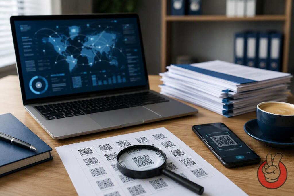 A compliance desk working through the Chestny Znak track-and-trace workflow: Data Matrix label sheets, registration documents, and the personal cabinet dashboard that links every code to its introduction into circulation.