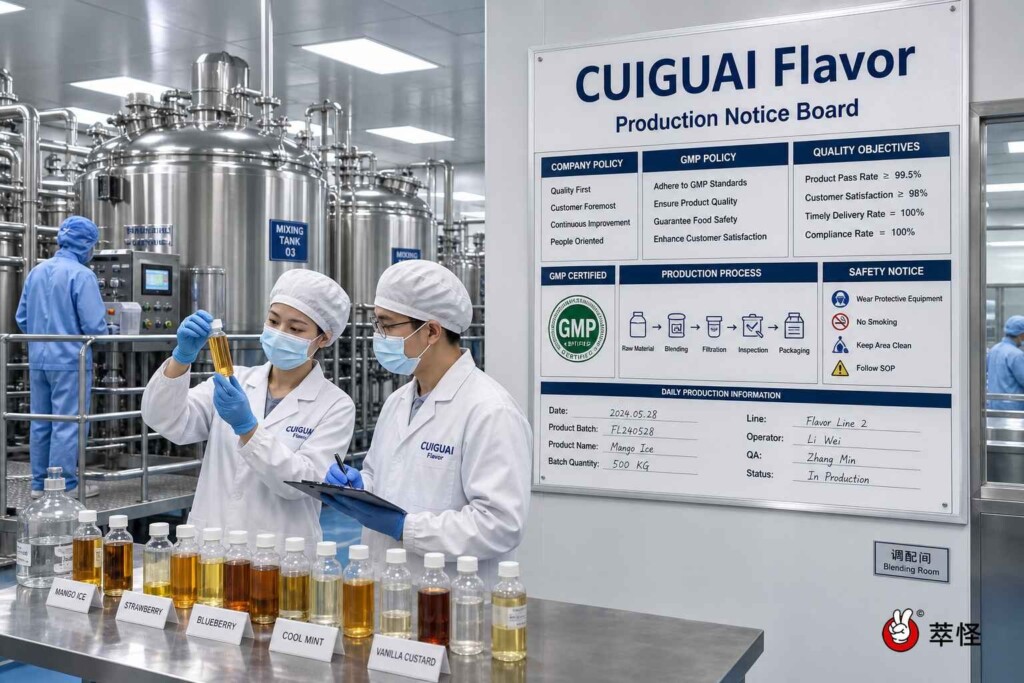A modern, GMP-certified stainless steel manufacturing facility producing TVPA-compliant e-liquid flavor concentrates. Strict quality control protocols ensure seamless export to Canada and international markets.