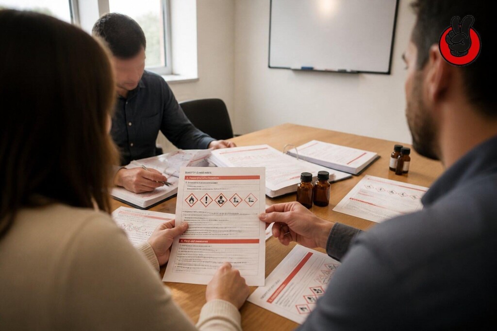 CUIGUAI Flavor compliance package — SDS, certificate of analysis, and technical datasheets — handed over to an e-liquid brand quality team for review.