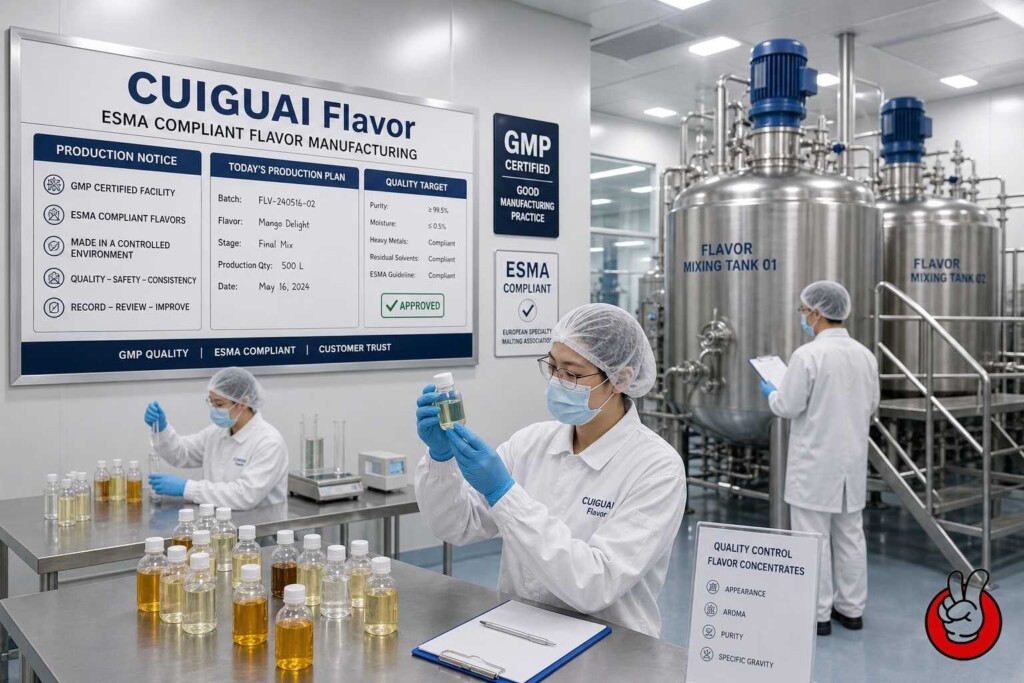 Modern GMP certified e-liquid flavor manufacturing facility producing ESMA compliant flavors with strict quality control.