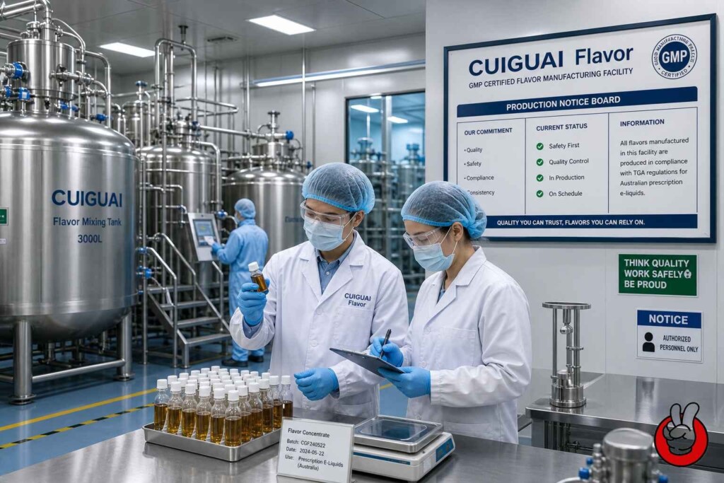Modern GMP certified pharmaceutical-grade flavor manufacturing facility, ensuring ultra-clean room production for Australian prescription e-liquids.