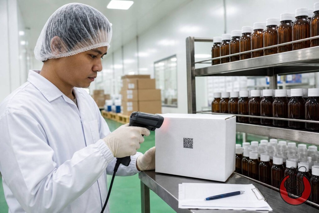 A QC technician scans the Data Matrix on a sealed carton of bottled flavor concentrates during final release — the last verification step before a Russia-bound shipment leaves the factory.