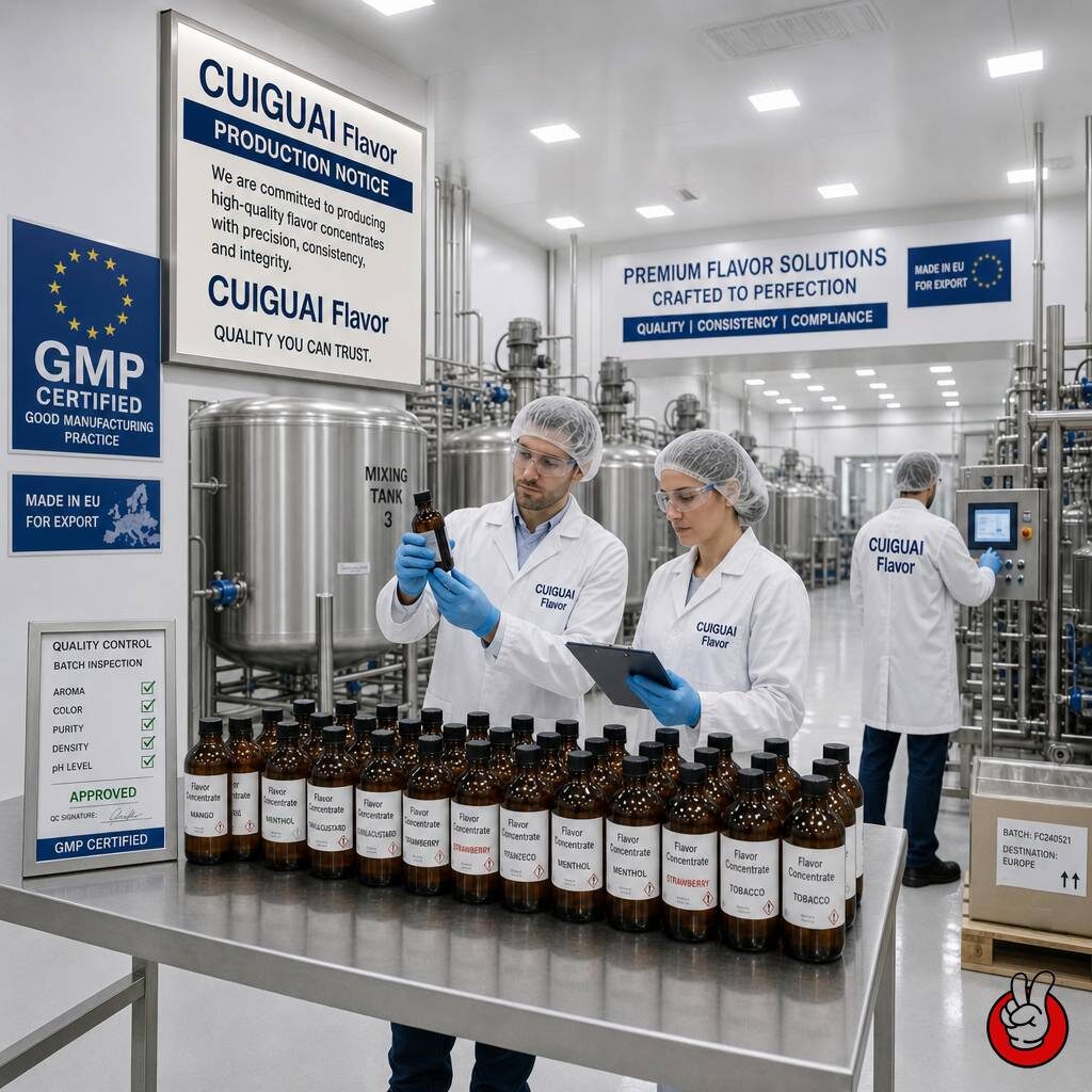 A modern, GMP-certified stainless steel manufacturing facility producing REACH-compliant e-liquid flavor concentrates. Strict quality control protocols ensure seamless export to the highly regulated European Union market.