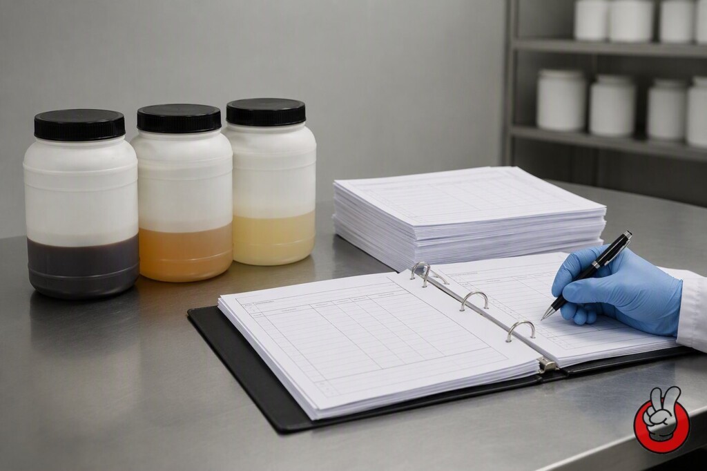 A compliance worktable holding sealed flavour concentrate samples beside blank customs declaration forms being reviewed before export clearance.