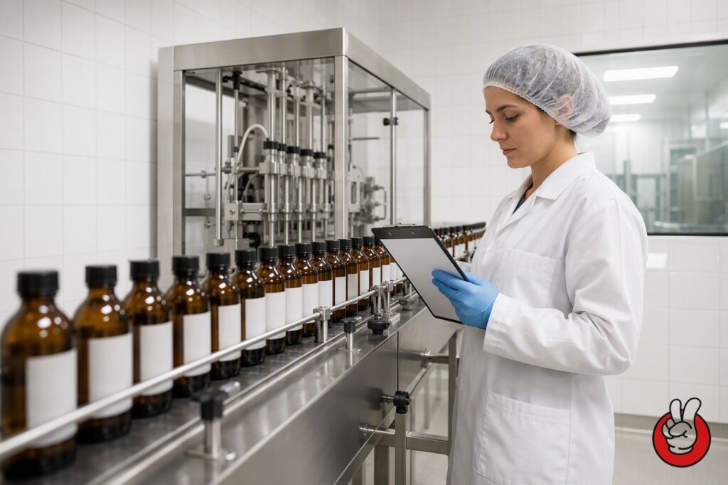 A quality inspector in protective clothing examines sealed flavour bottles moving along a stainless steel filling line during a pre-shipment check.