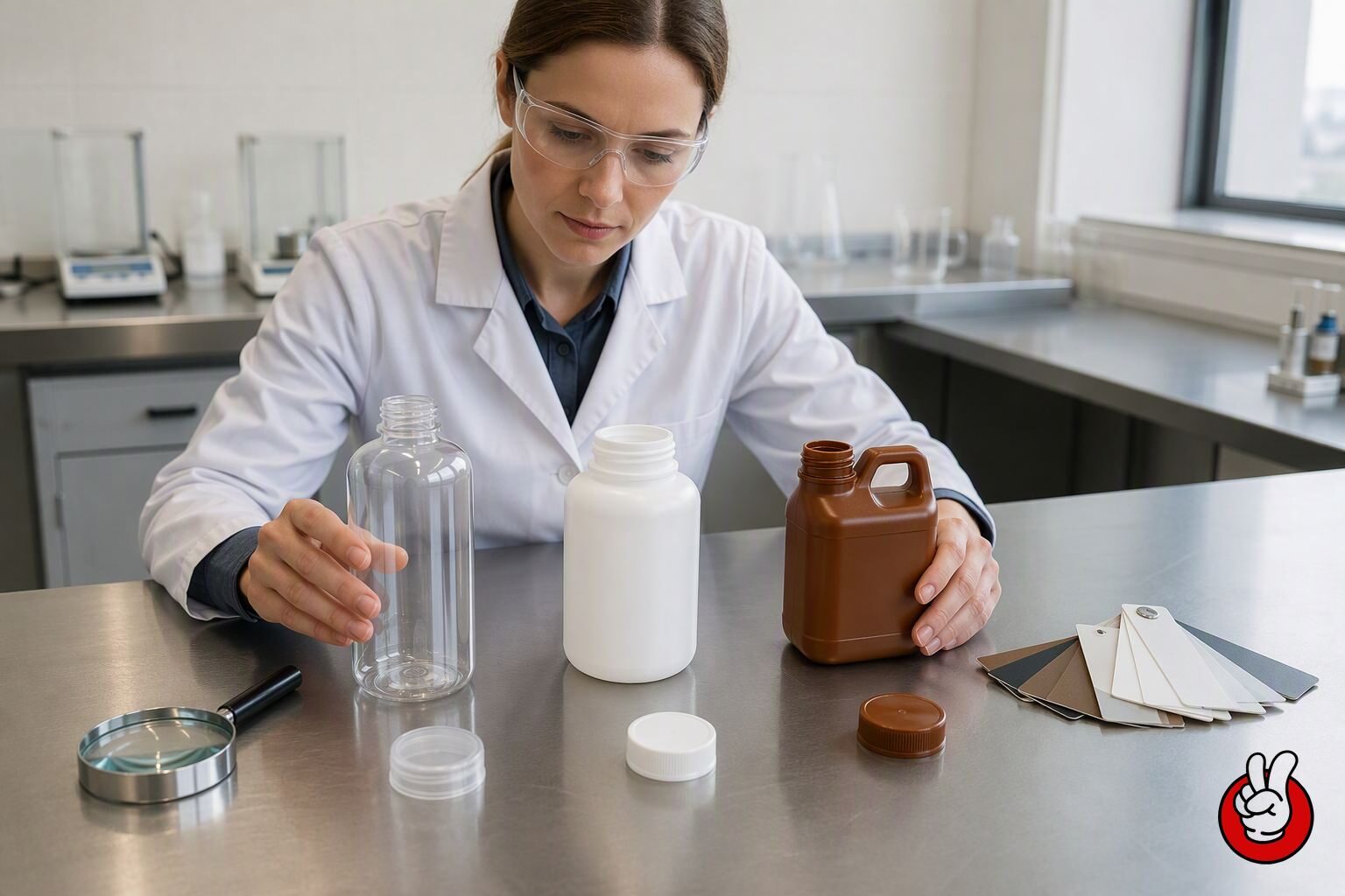 Pakuma inĝeniero revizias botelon, fermon kaj etikedajn materialajn specimenojn por taksi recikleblon antaŭ ol specifo estas aprobita.