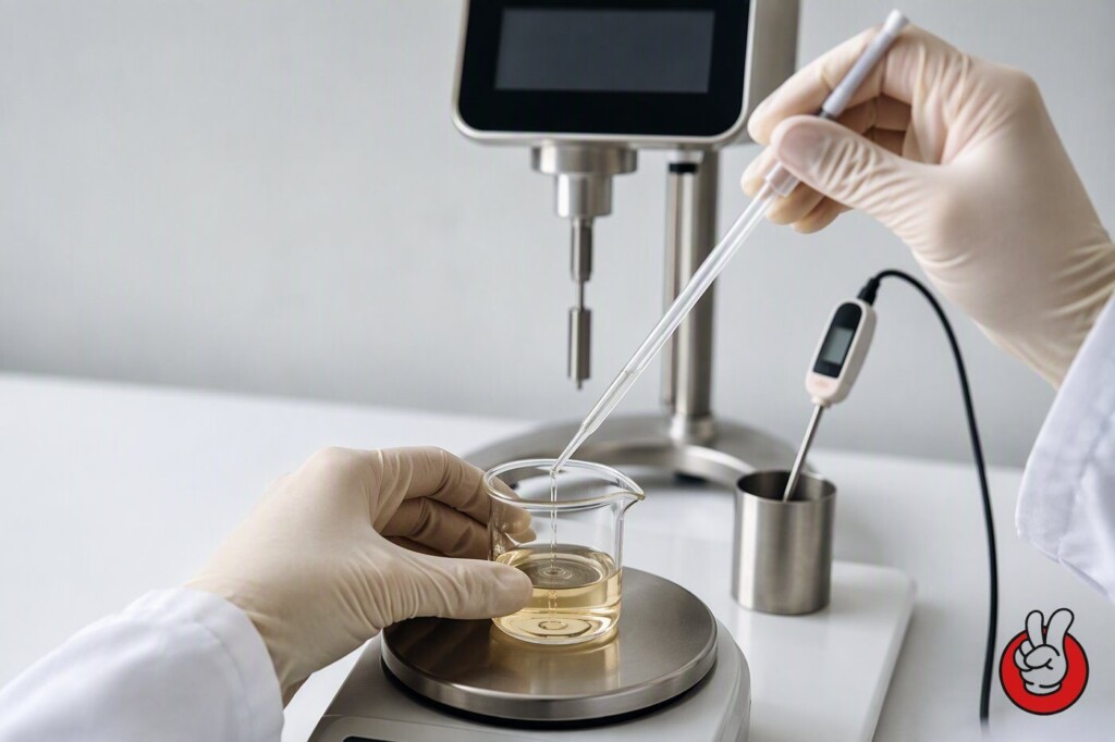Close view of gloved hands pipetting a flavour concentrate on an analytical bench beside instruments during pre-shipment batch verification.