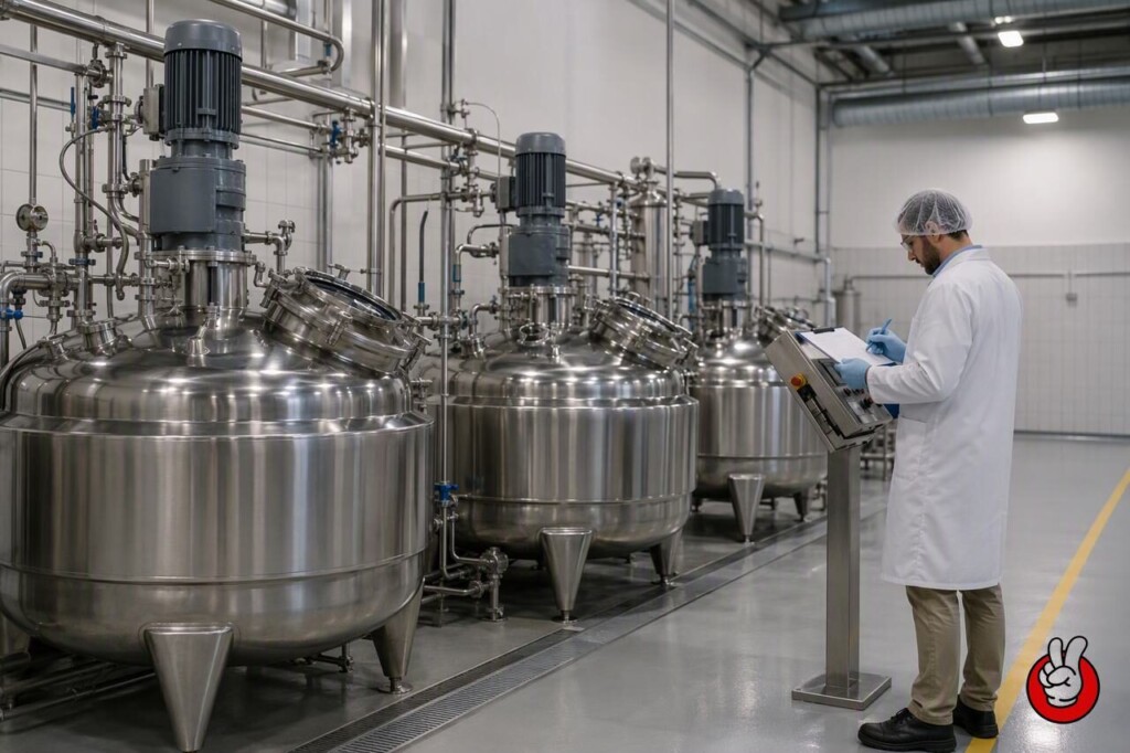 Stainless mixing vessels on a flavor production line where restrained, compliance-ready flavor profiles are batched and documented.