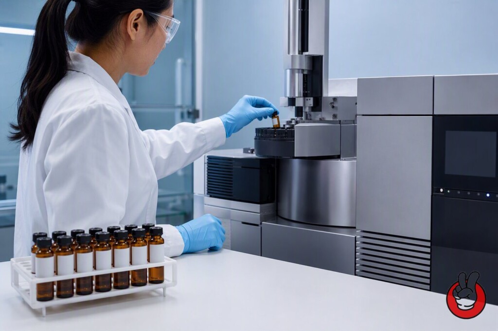A quality control chemist injects a flavour sample vial into analytical instrumentation beside a rack of amber glass samples in a flavour laboratory.