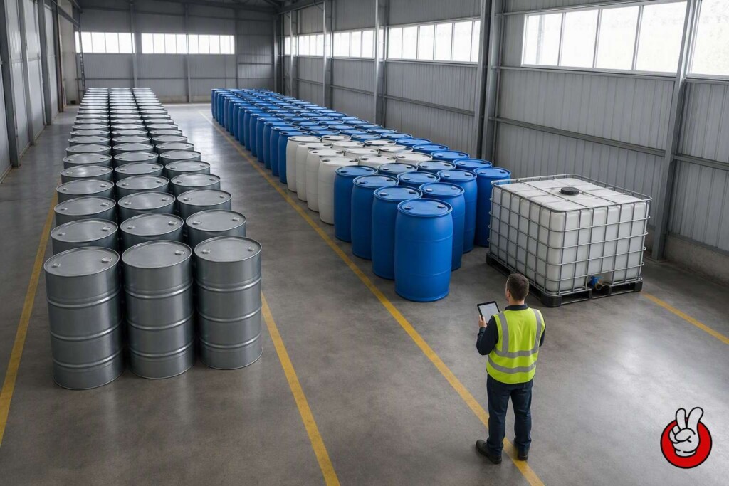 Bulk containers are identified and sorted by material and former contents before being routed to reuse, reconditioning, or recycling.
