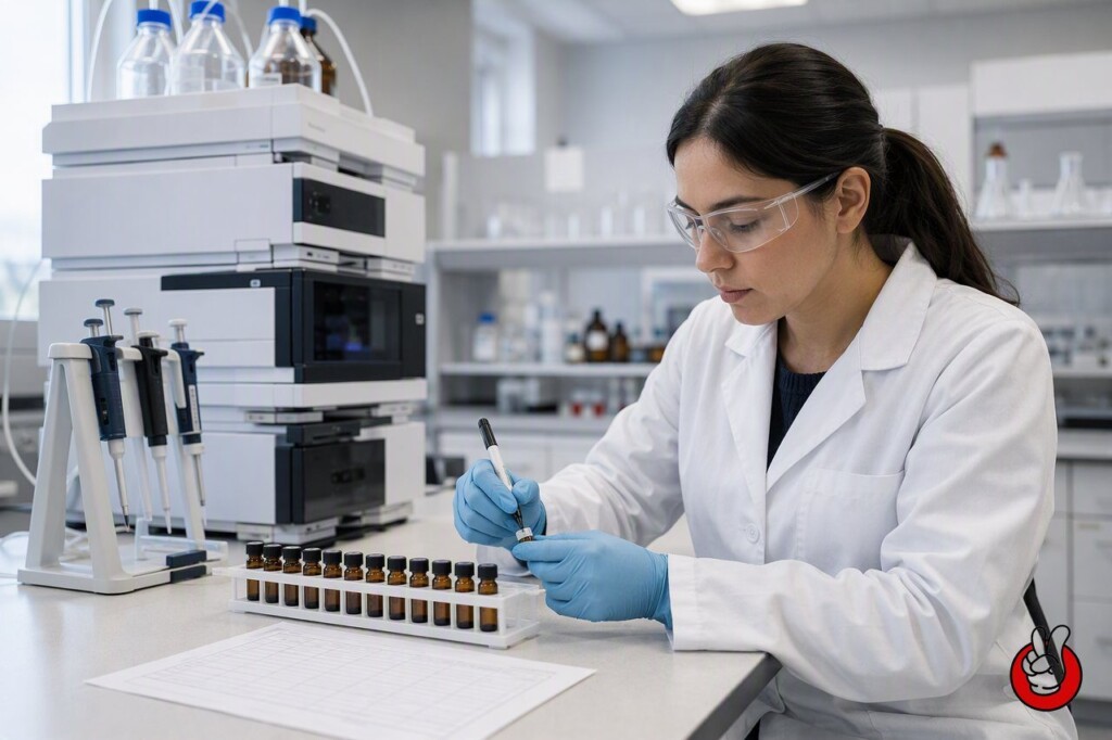 An analyst preparing e-liquid test samples that will be compared against emerging flavor restriction standards worldwide.